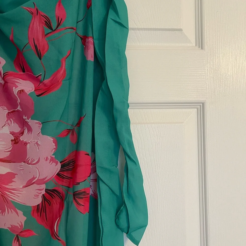 Bathing suit wrap coverup resort and beach-ware green w/pink floral pattern.